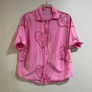 Made in Italy Pink Heart Embroidered Cotton Shirt Oversized One Size